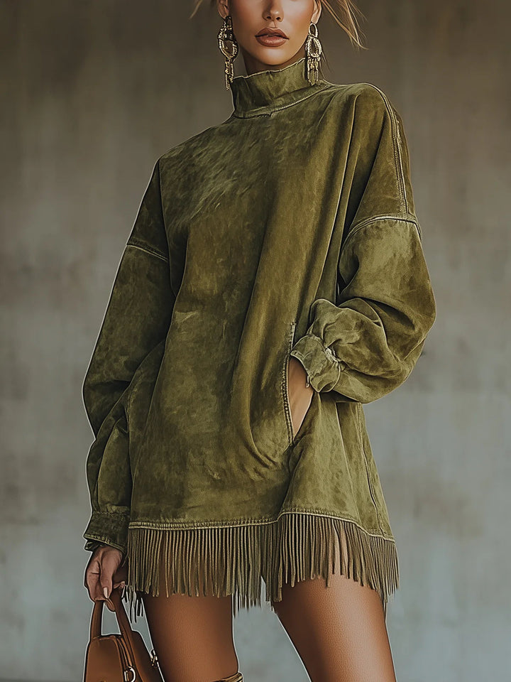 Cristina | Vestido de ante con cuello alto y flecos