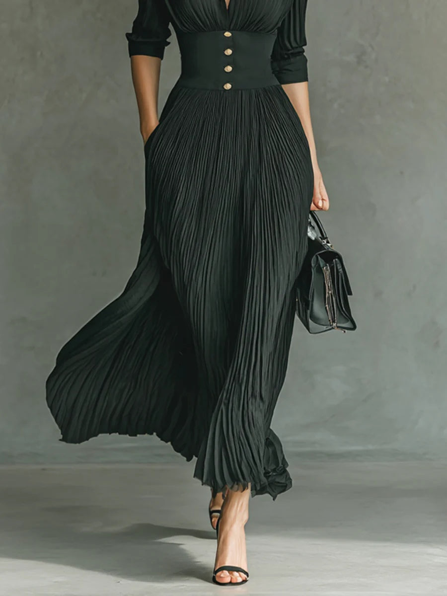 Elvira · Vestido largo plisado con solapa y cintura alta