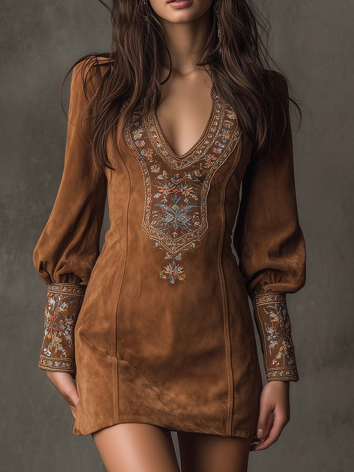 Lunoria™ – Vestido mini boho bordado efecto ante