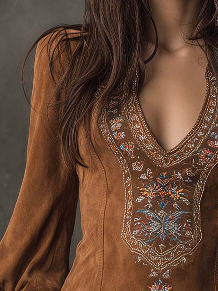 Lunoria™ – Vestido mini boho bordado efecto ante