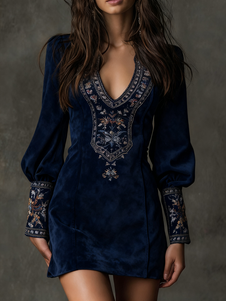 Lunoria™ – Vestido mini boho bordado efecto ante