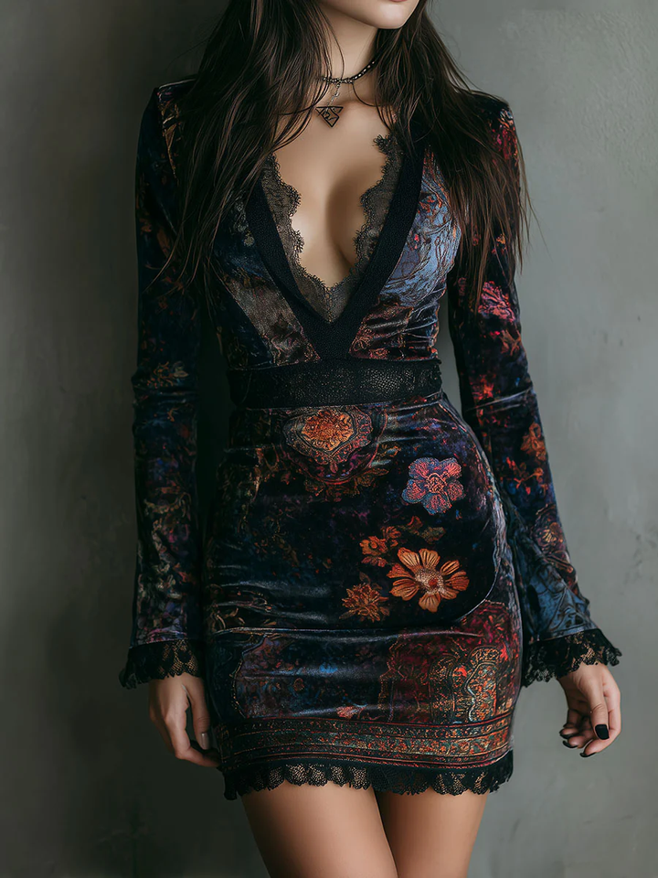 Liora | Mini vestido floral de terciopelo con encaje