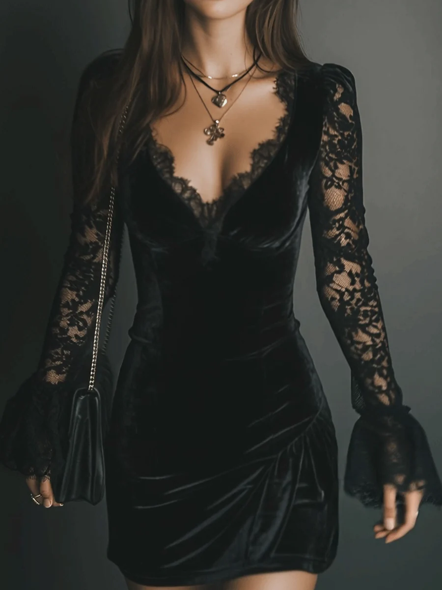 Selena™ – Vestido mini de terciopelo y encaje