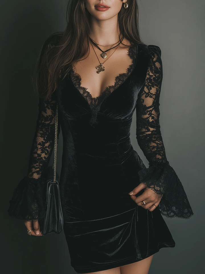 Selena™ – Vestido mini de terciopelo y encaje