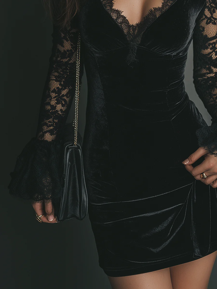 Selena™ – Vestido mini de terciopelo y encaje