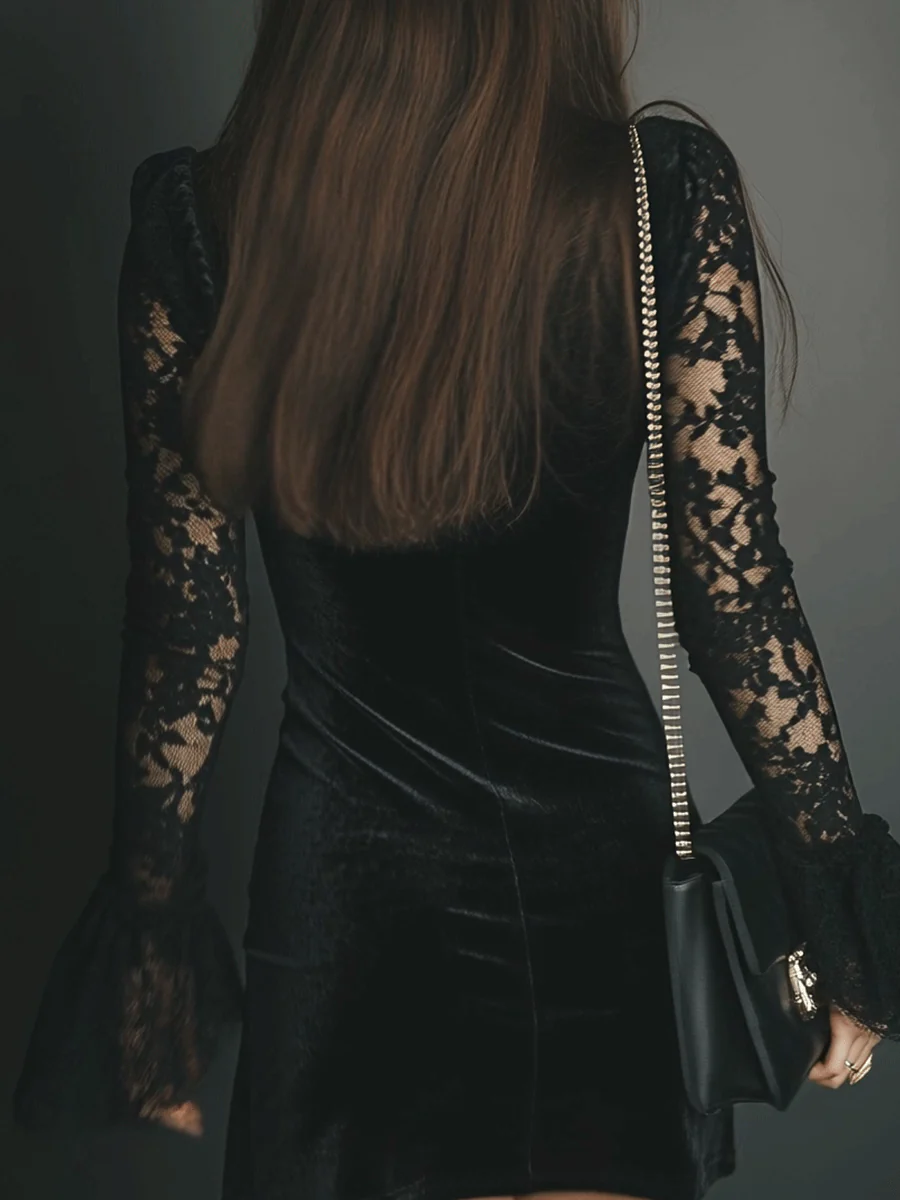 Selena™ – Vestido mini de terciopelo y encaje