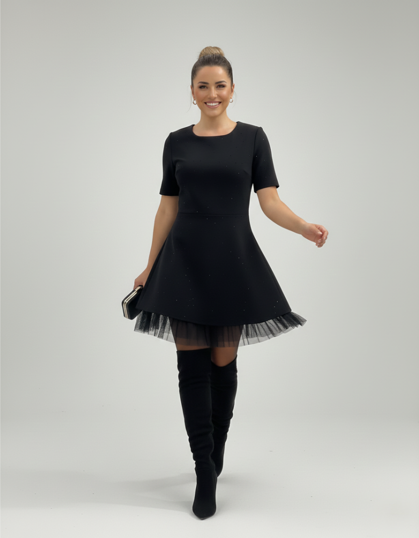 Vestido Negro Martina con Detalles Luminosos y Tul