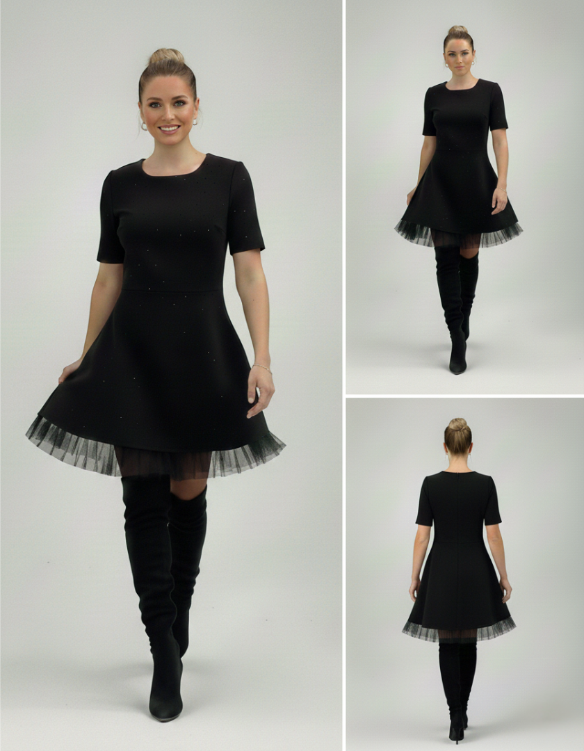 Vestido Negro Martina con Detalles Luminosos y Tul