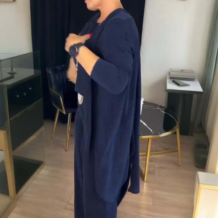 Elegante conjunto de 3 piezas: chaleco largo, blusa y pantalón